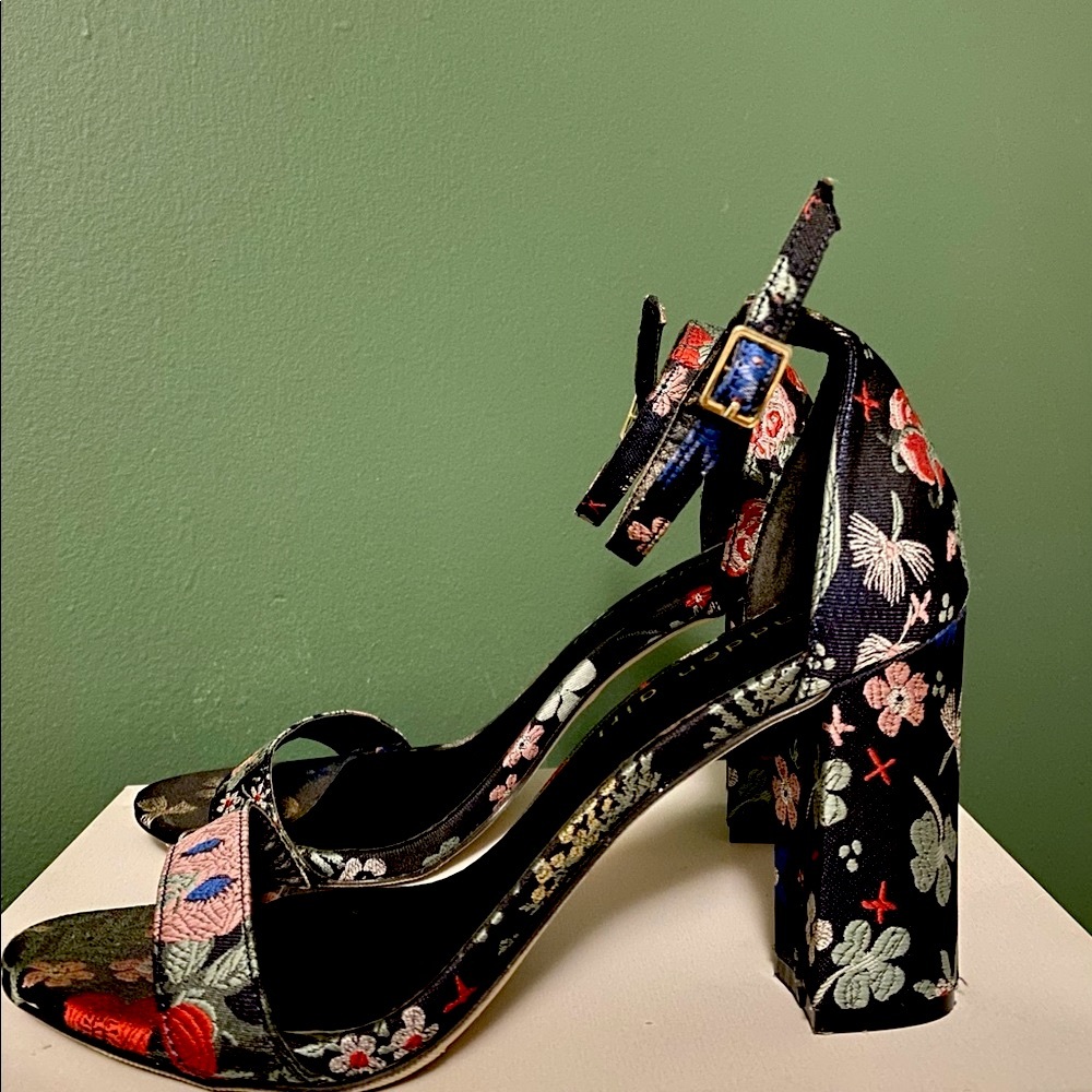 Blue satin ankle heel sandals